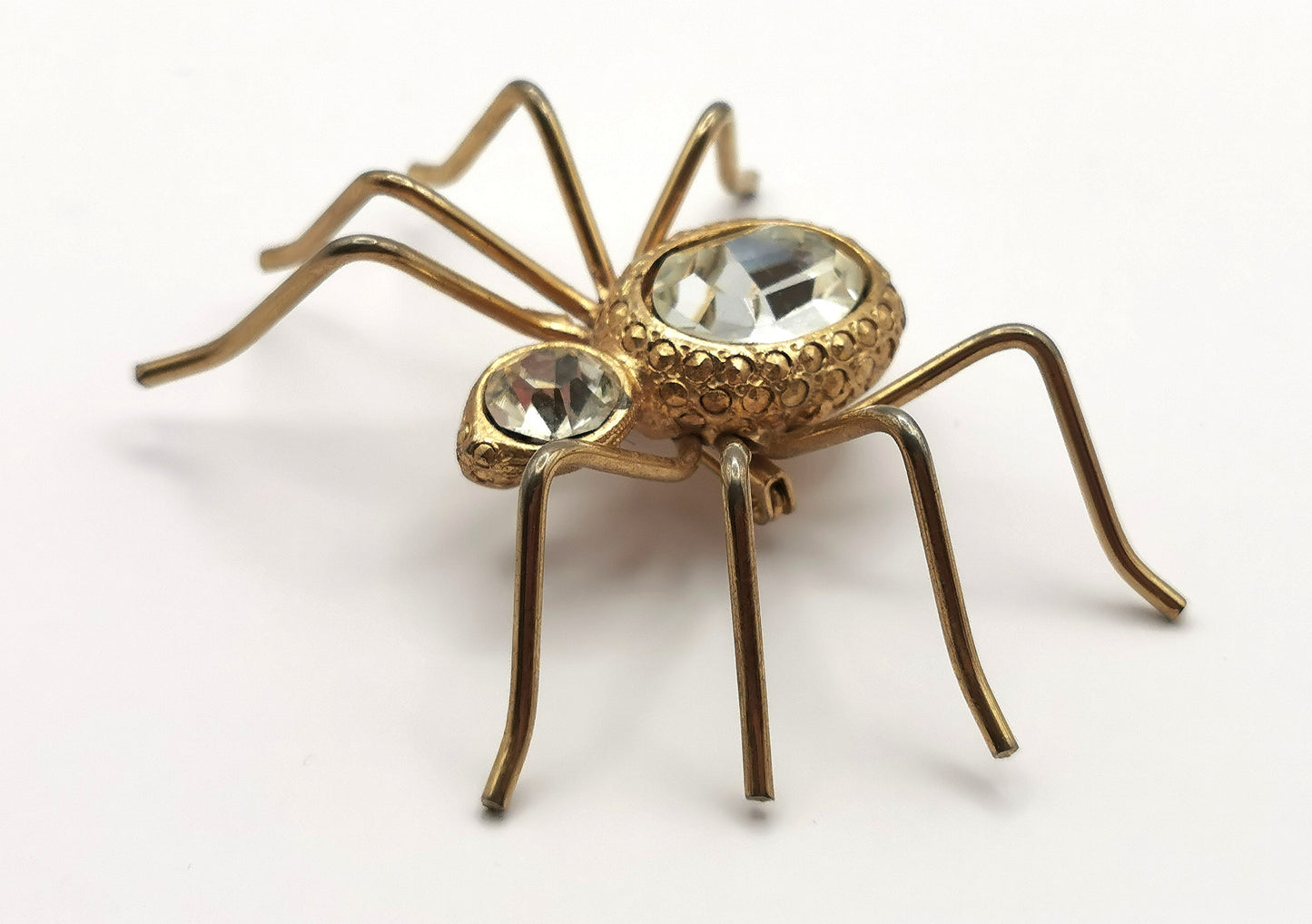 Vintage large spider brooch, gold tone, clear paste