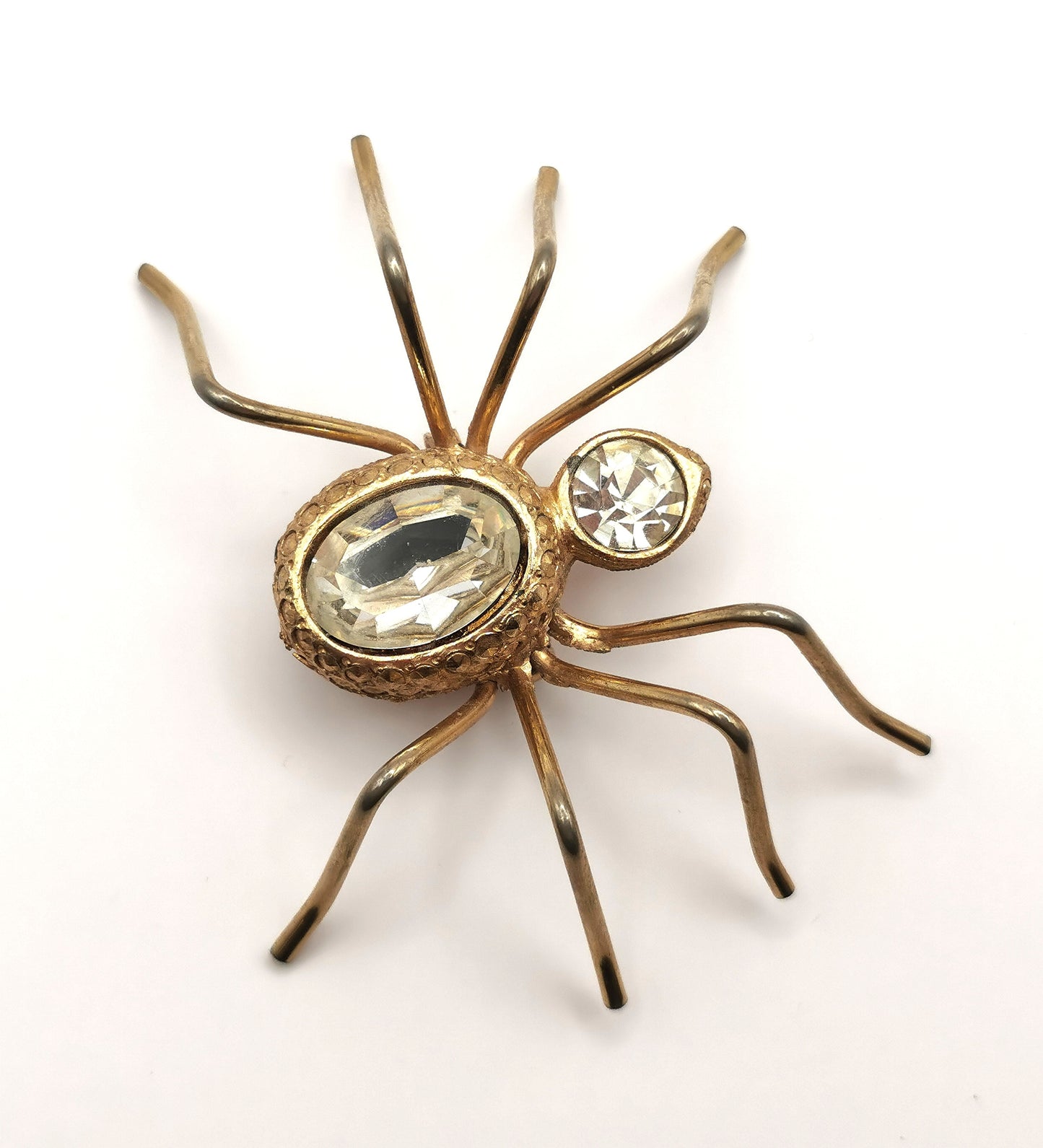 Vintage large spider brooch, gold tone, clear paste
