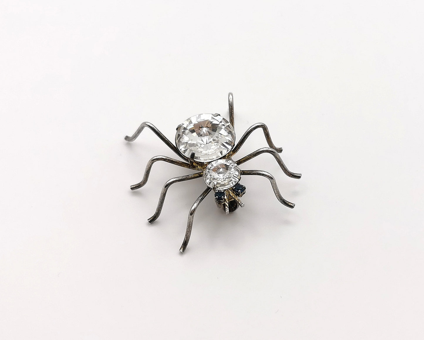 Vintage spider brooch, silver tone, clear paste