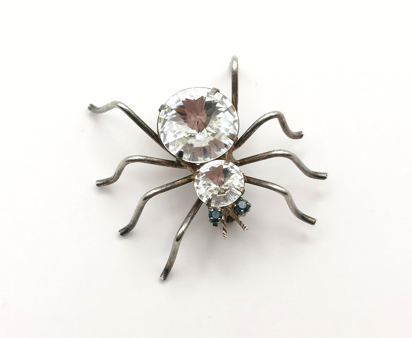 Vintage spider brooch, silver tone, clear paste