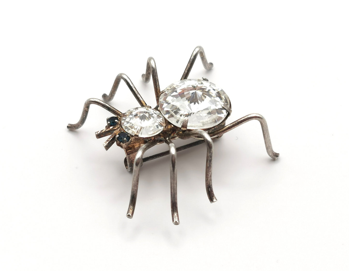Vintage spider brooch, silver tone, clear paste