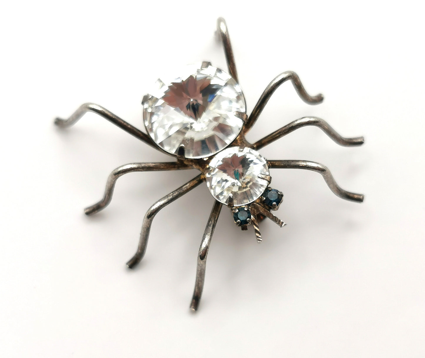 Vintage spider brooch, silver tone, clear paste