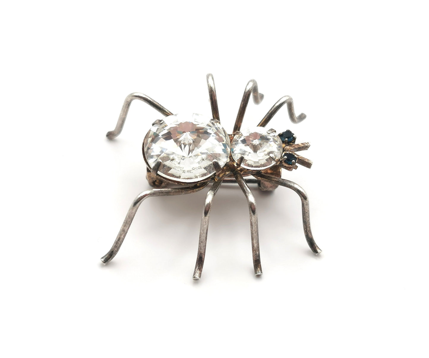Vintage spider brooch, silver tone, clear paste