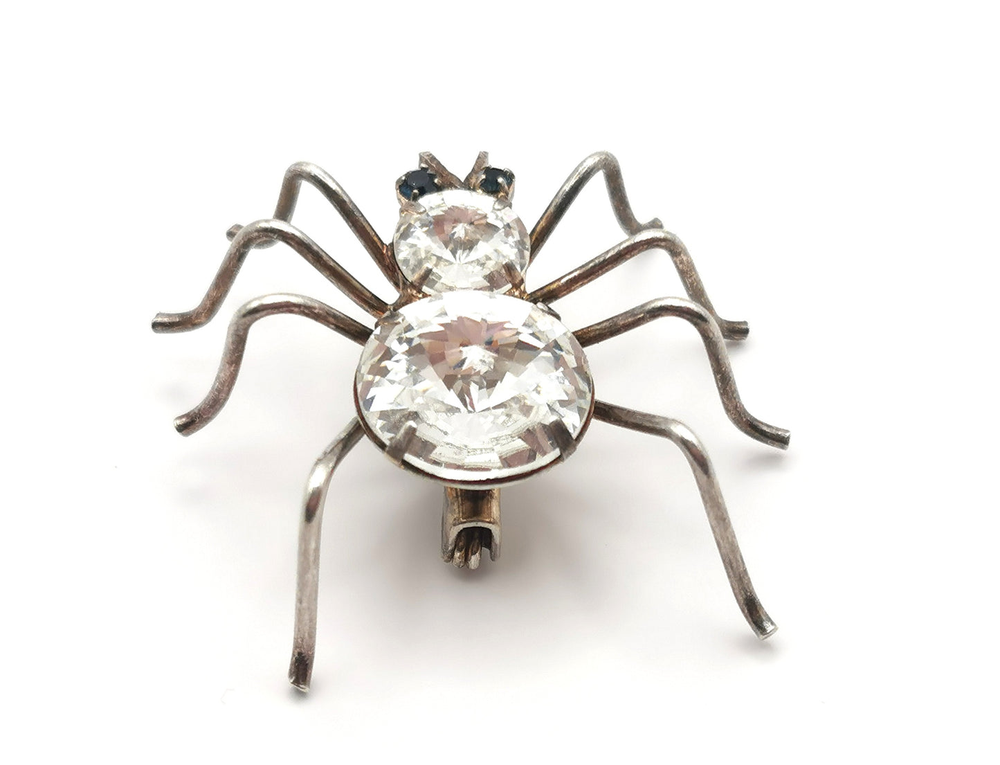 Vintage spider brooch, silver tone, clear paste
