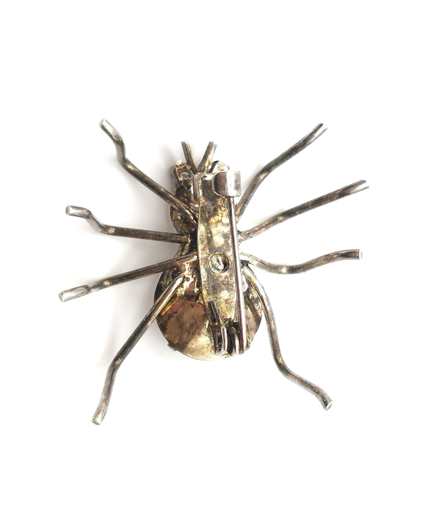 Vintage spider brooch, silver tone, clear paste