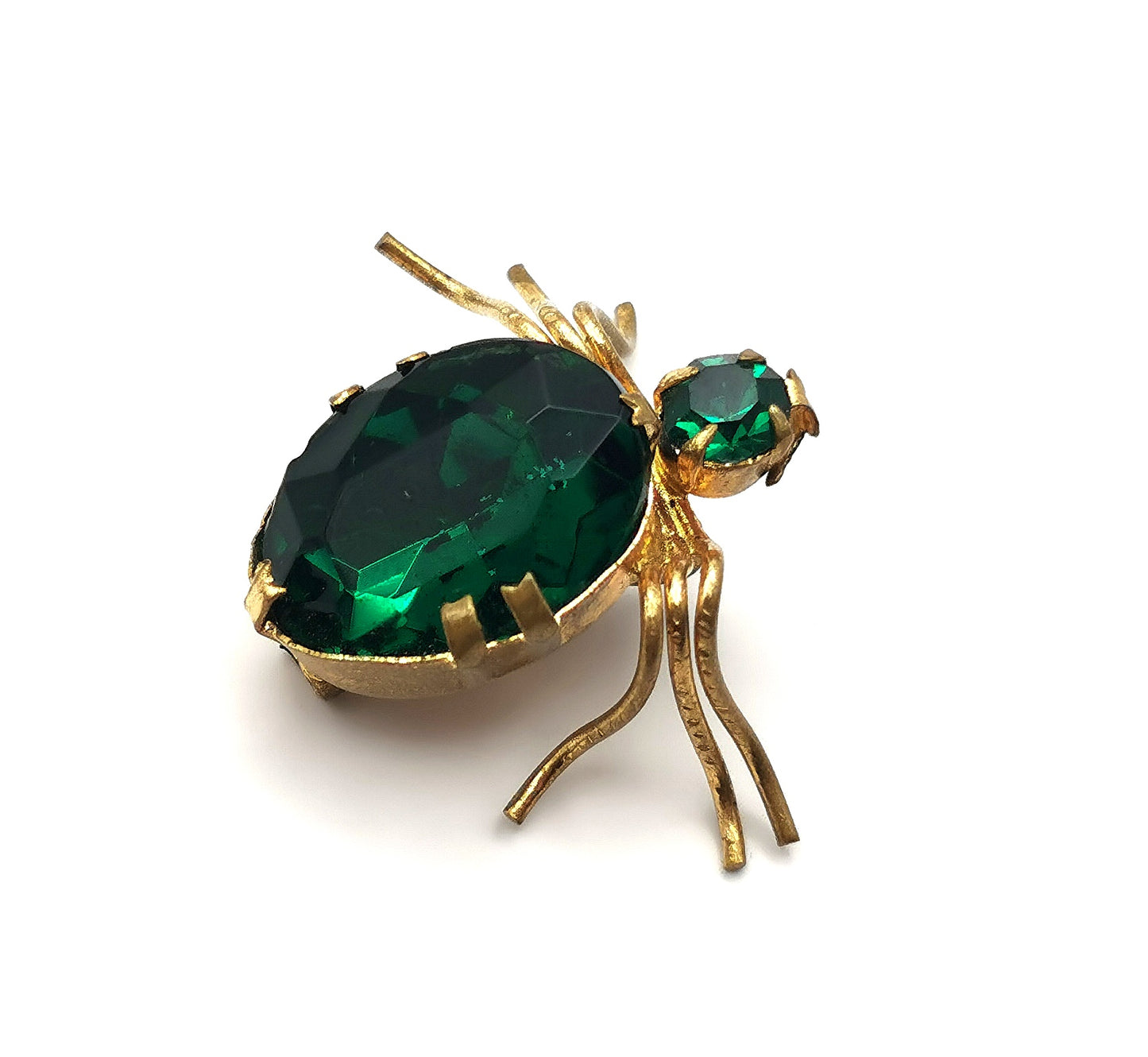 Antique gilt metal spider brooch, Emerald green paste
