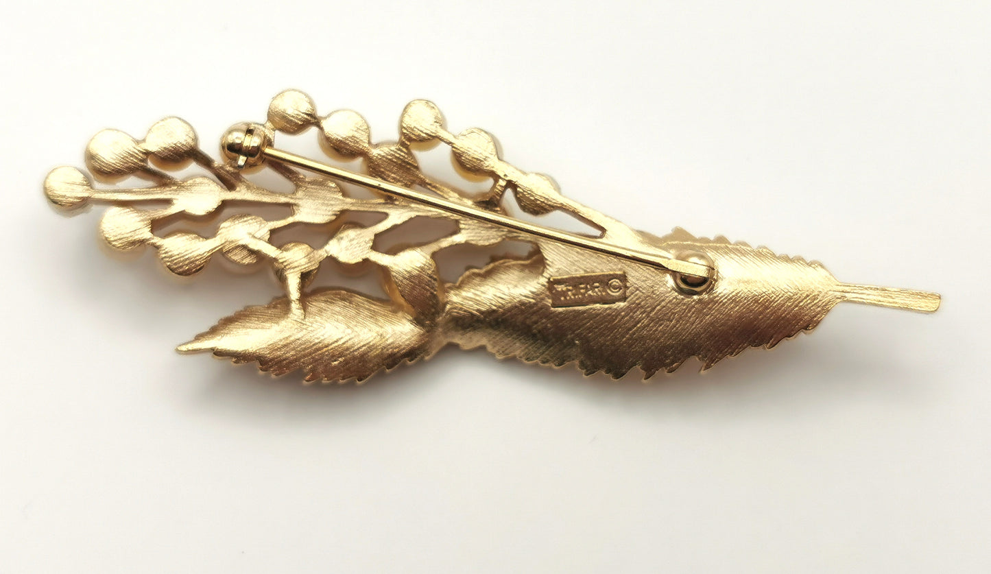 Vintage Trifari faux pearl spray brooch, Gold tone