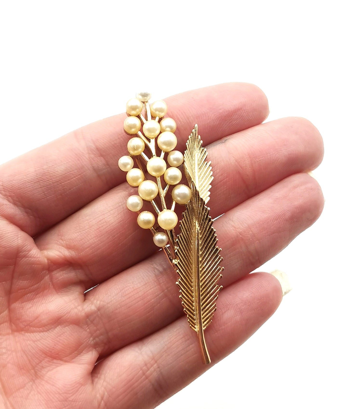 Vintage Trifari faux pearl spray brooch, Gold tone