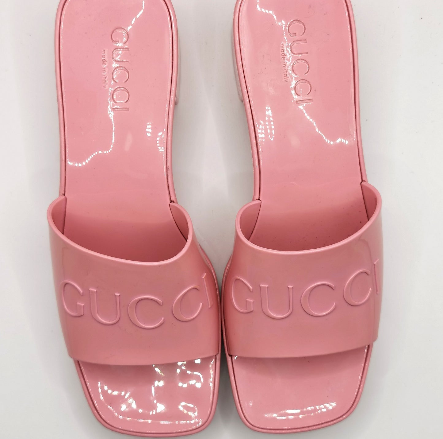 Gucci Bubblegum pink rubber heeled sliders, platform sandals