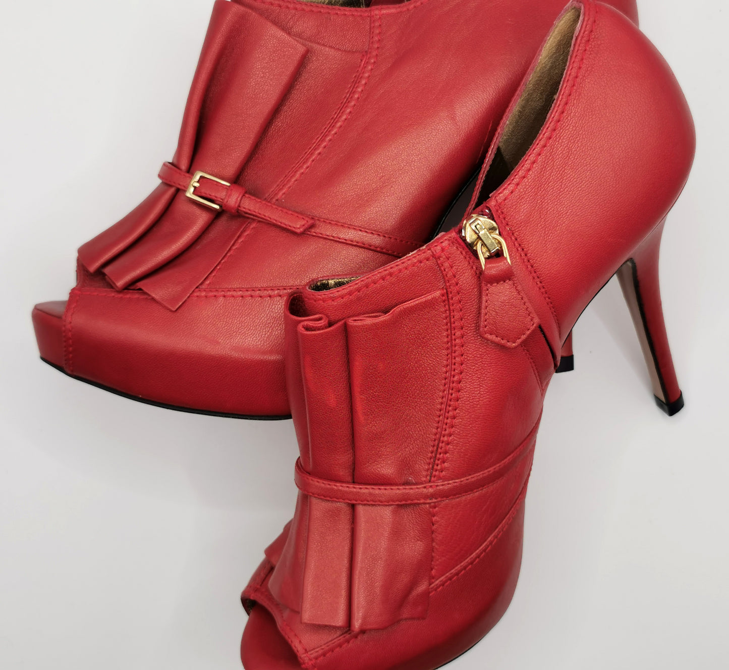 Escada Red leather pleat peep toe heels, shoes