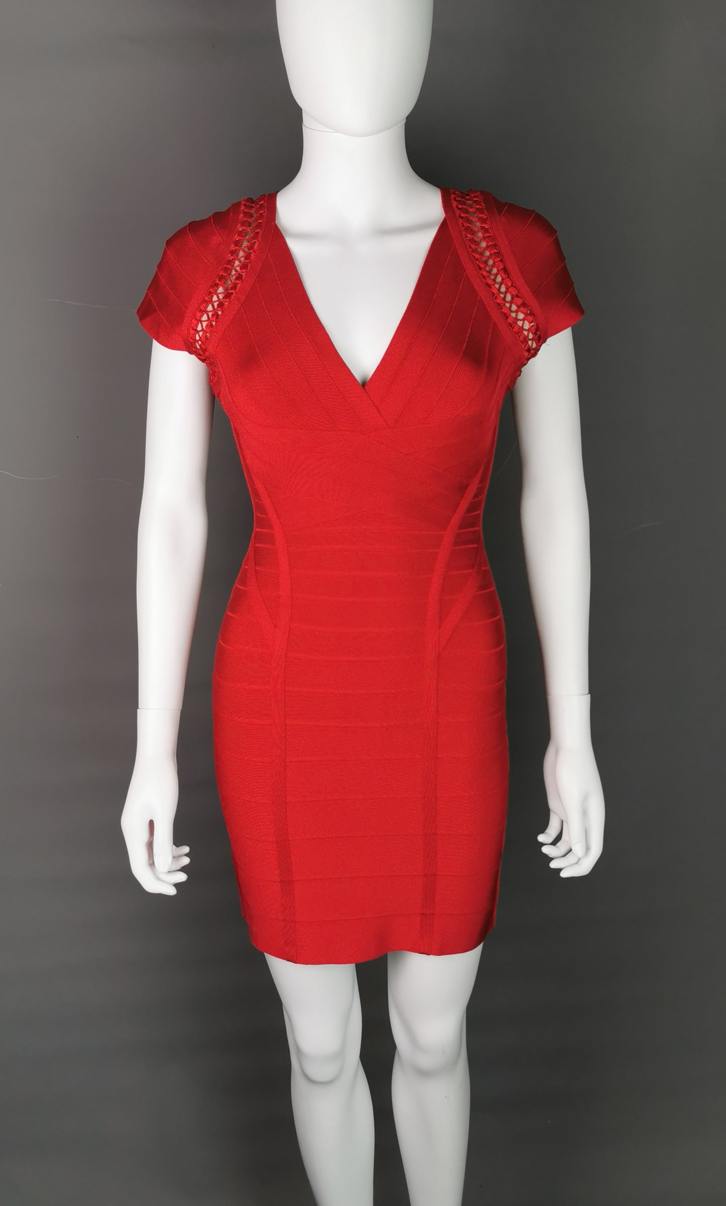 Herve Leger bandage dress, lipstick red, Max Azria
