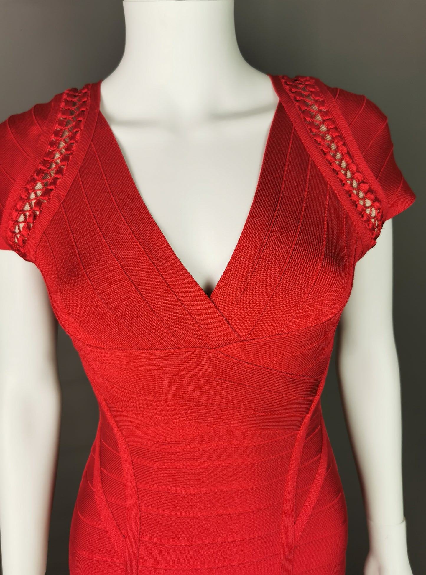 Herve Leger bandage dress, lipstick red, Max Azria