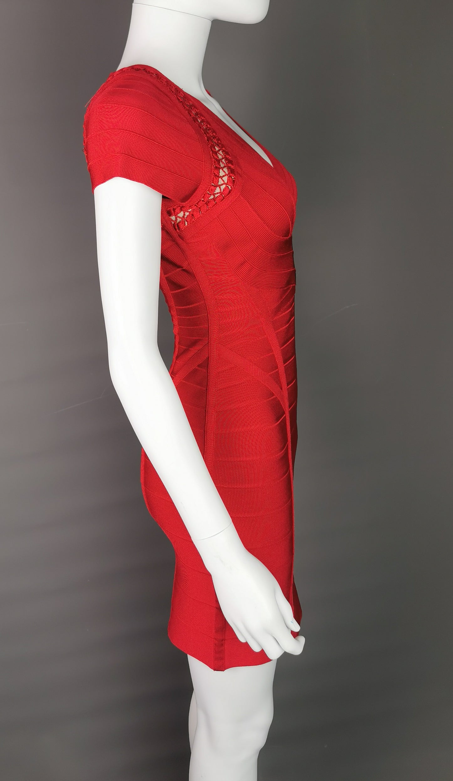 Herve Leger bandage dress, lipstick red, Max Azria