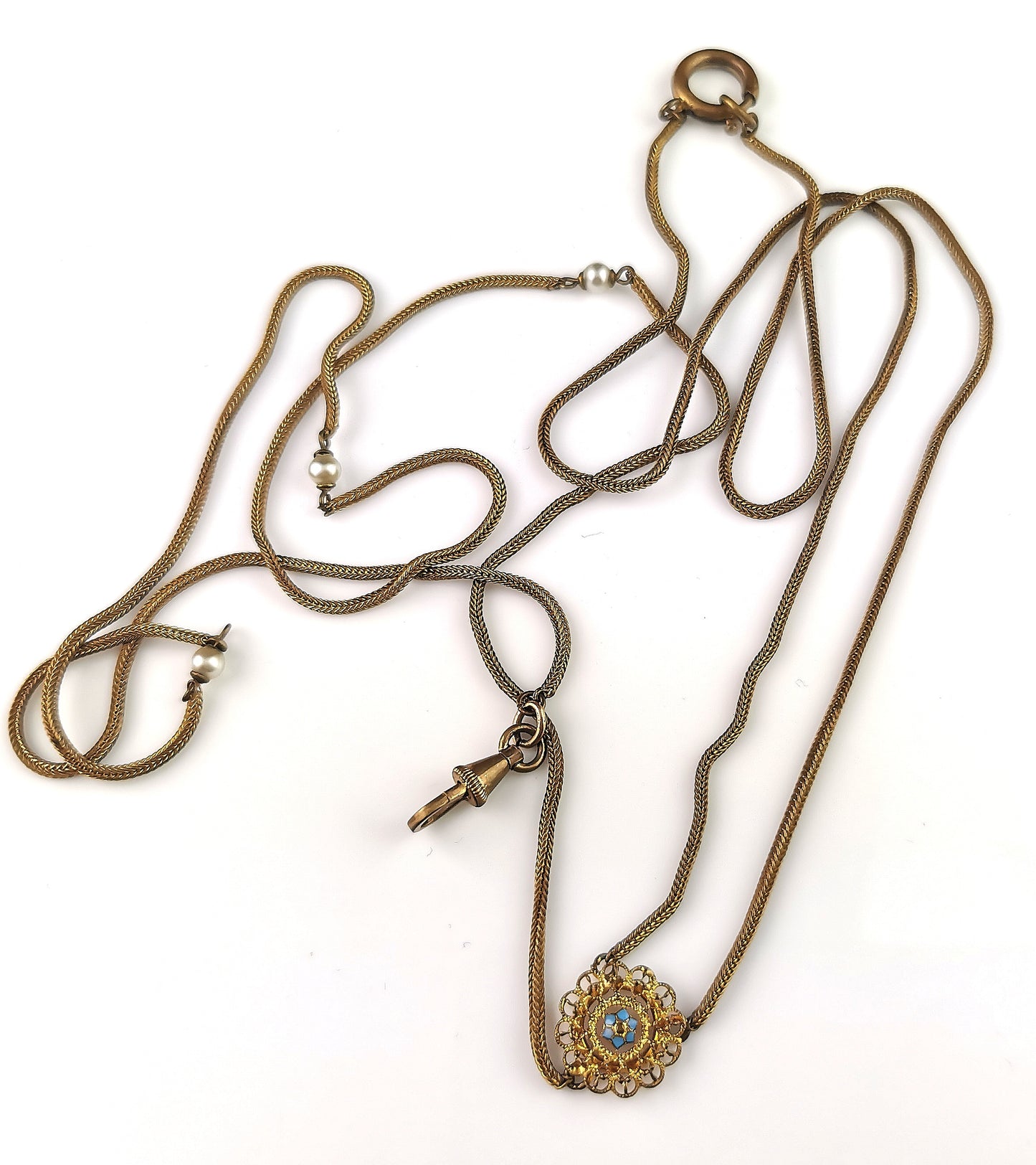 Antique gold plated lariat chain necklace, Edwardian, Faux pearl and Blue enamel flower