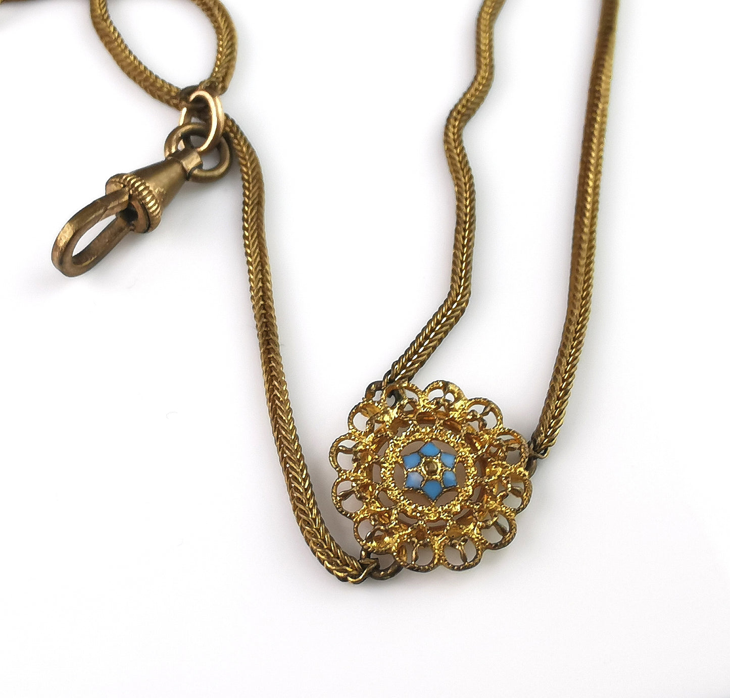 Antique gold plated lariat chain necklace, Edwardian, Faux pearl and Blue enamel flower