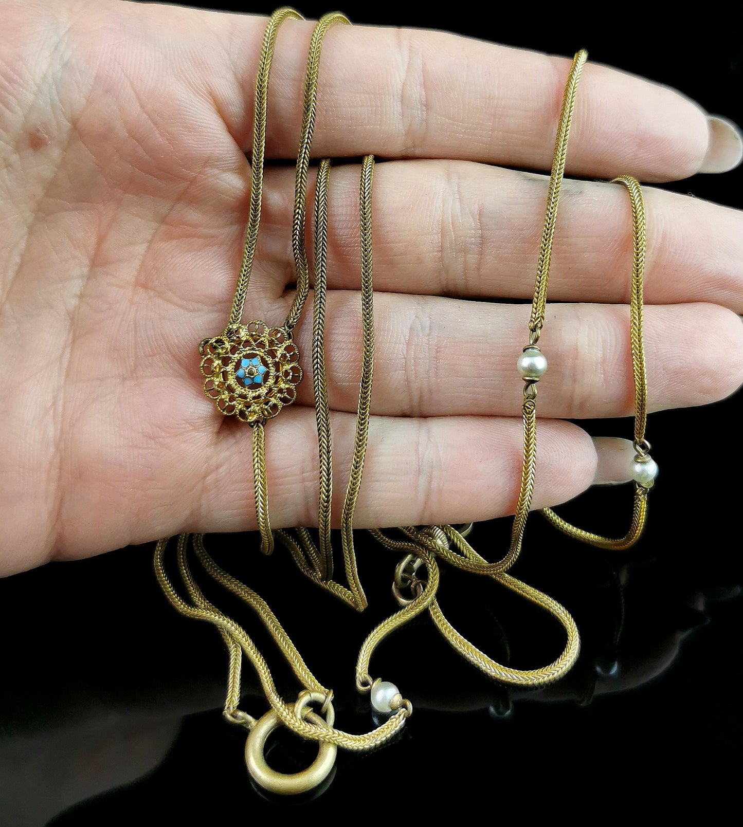 Antique gold plated lariat chain necklace, Edwardian, Faux pearl and Blue enamel flower