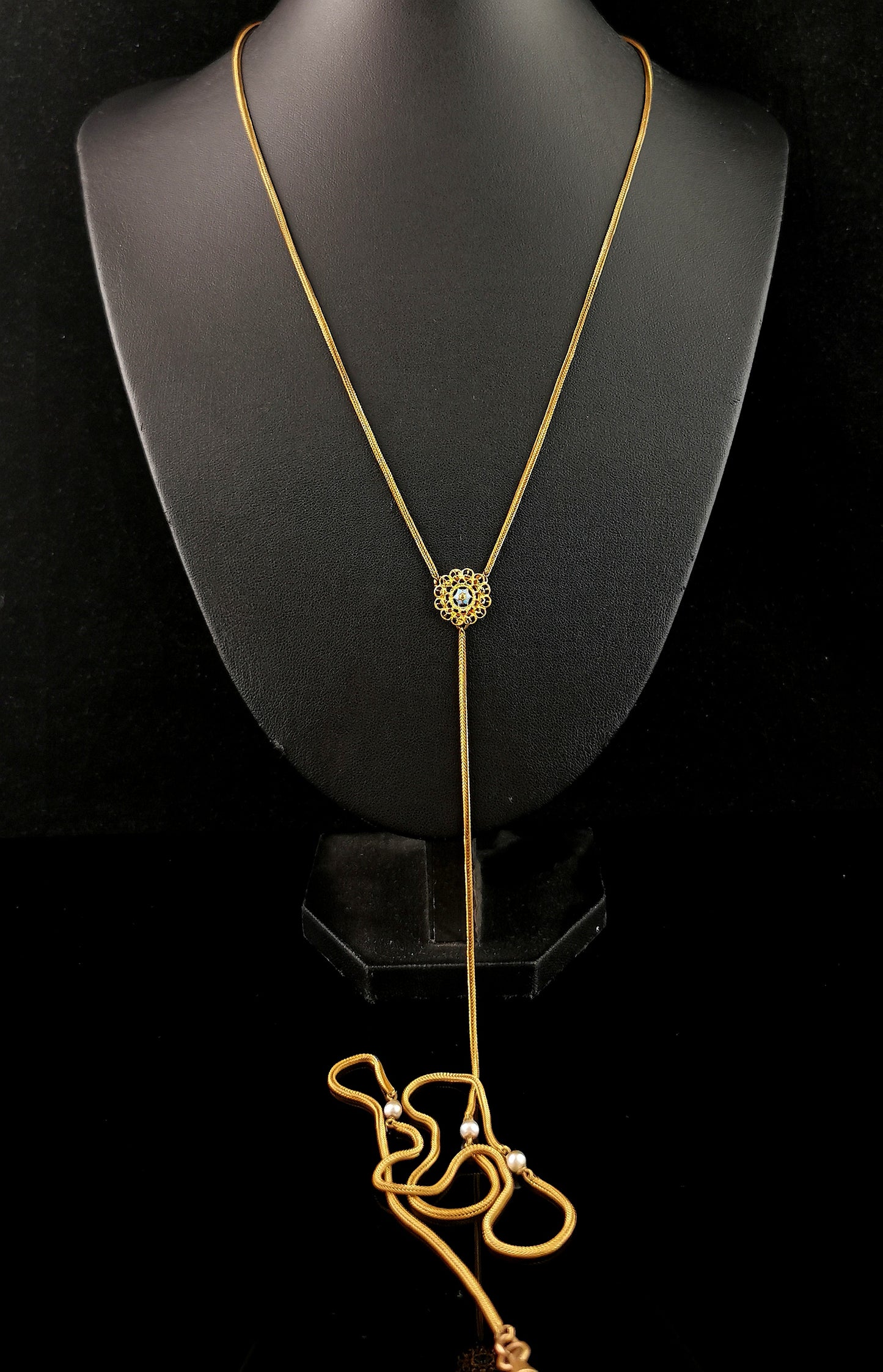 Antique gold plated lariat chain necklace, Edwardian, Faux pearl and Blue enamel flower