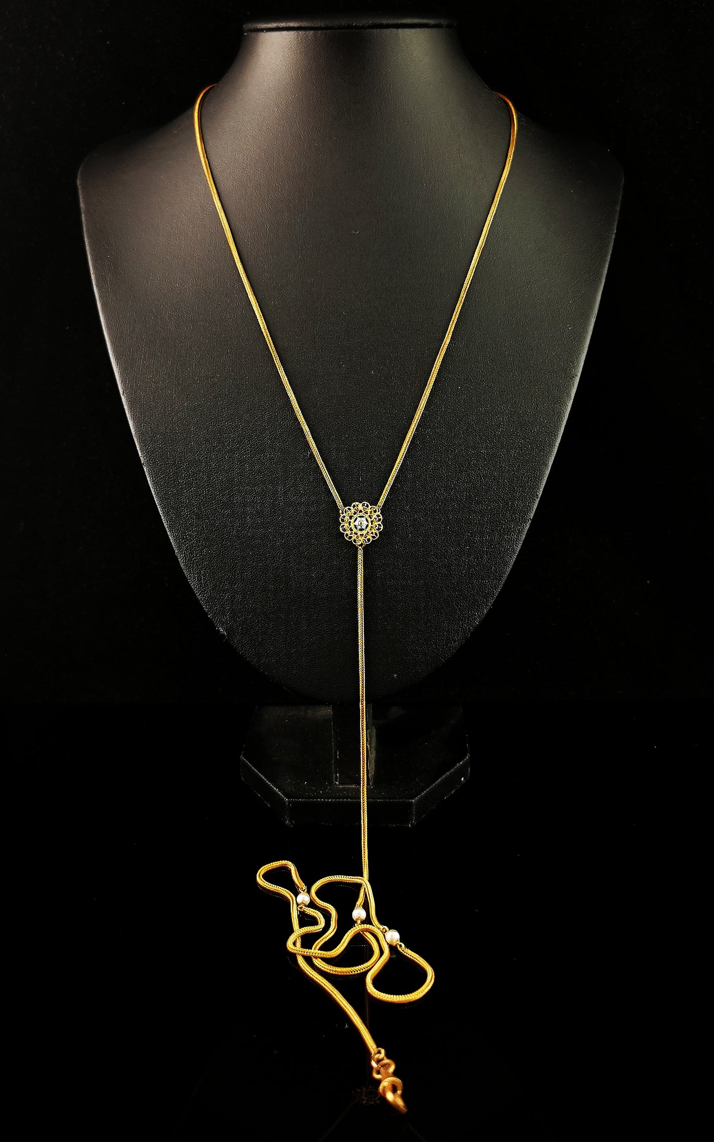 Antique gold plated lariat chain necklace, Edwardian, Faux pearl and Blue enamel flower