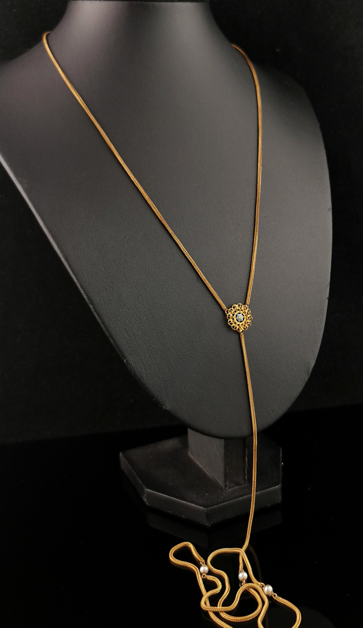 Antique gold plated lariat chain necklace, Edwardian, Faux pearl and Blue enamel flower