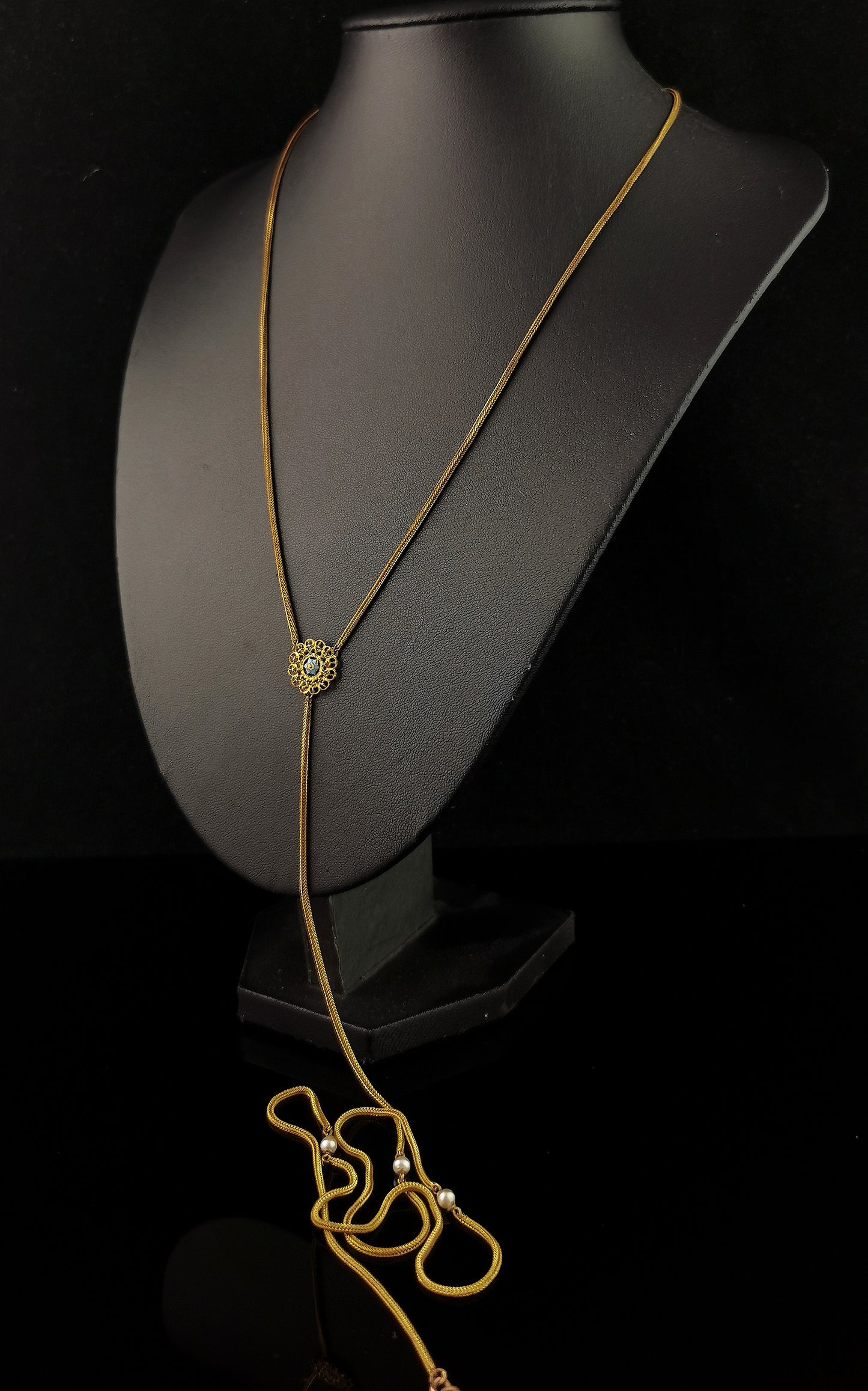 Antique gold plated lariat chain necklace, Edwardian, Faux pearl and Blue enamel flower