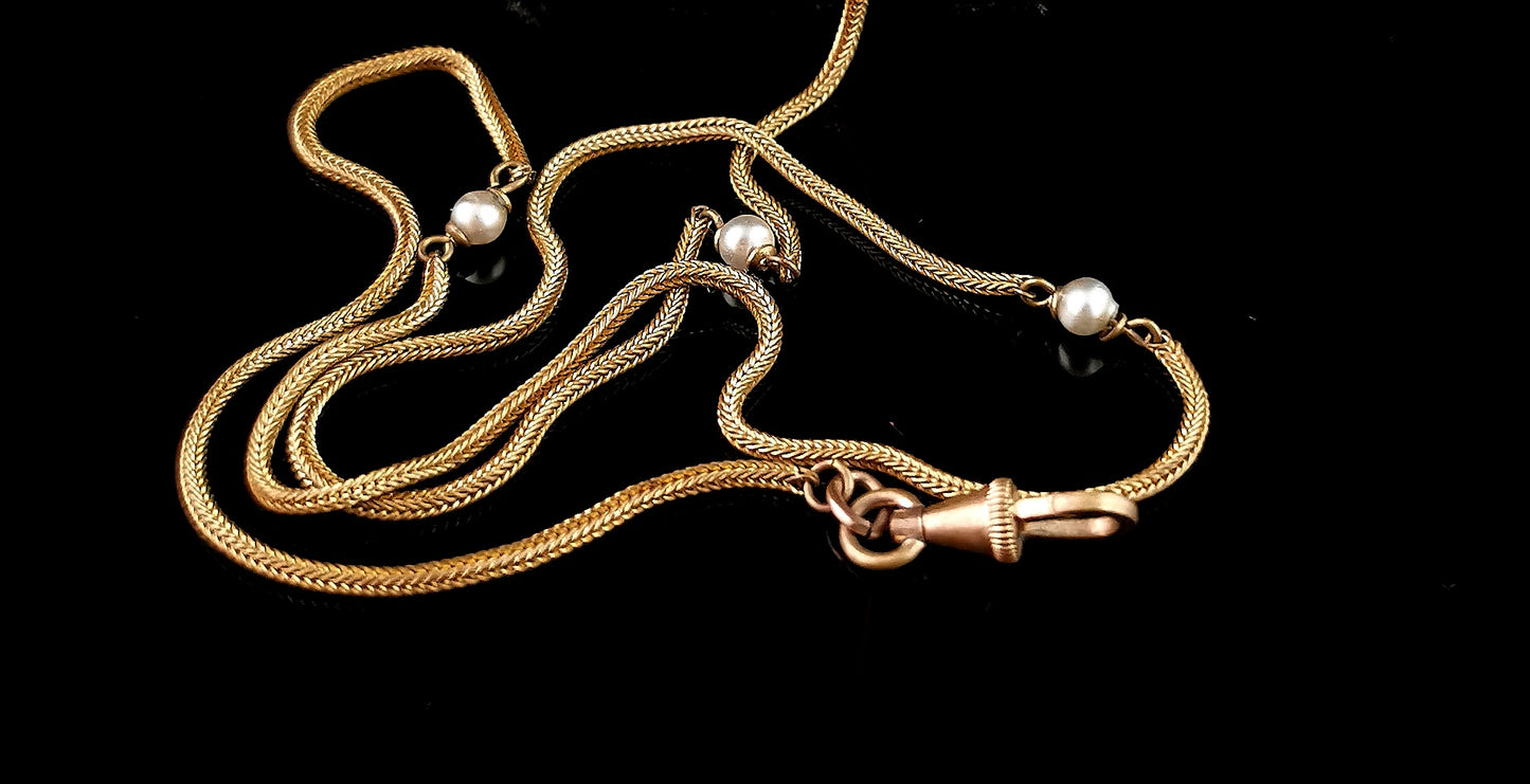 Antique gold plated lariat chain necklace, Edwardian, Faux pearl and Blue enamel flower
