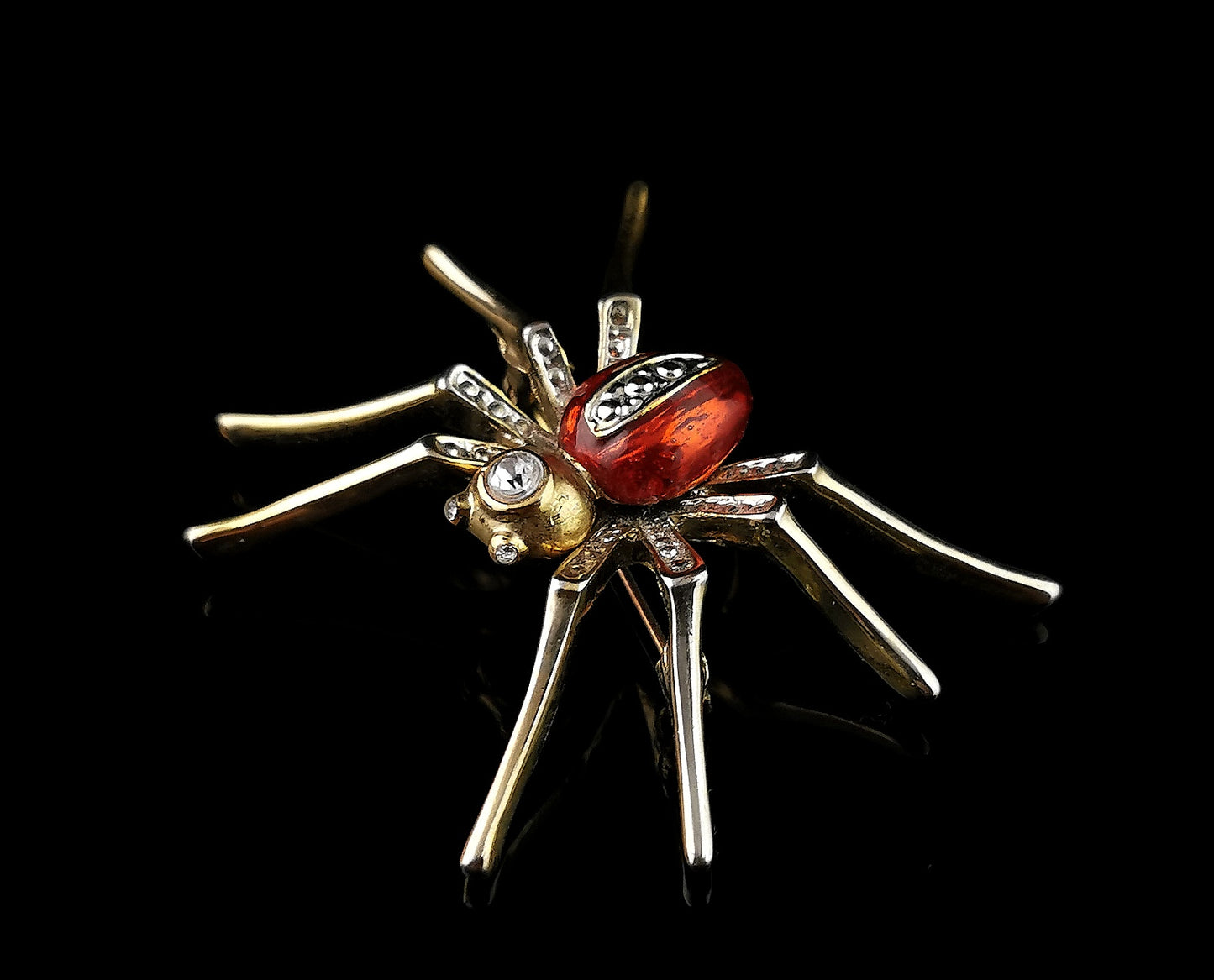 Vintage red enamel spider brooch, gold tone, Diamante