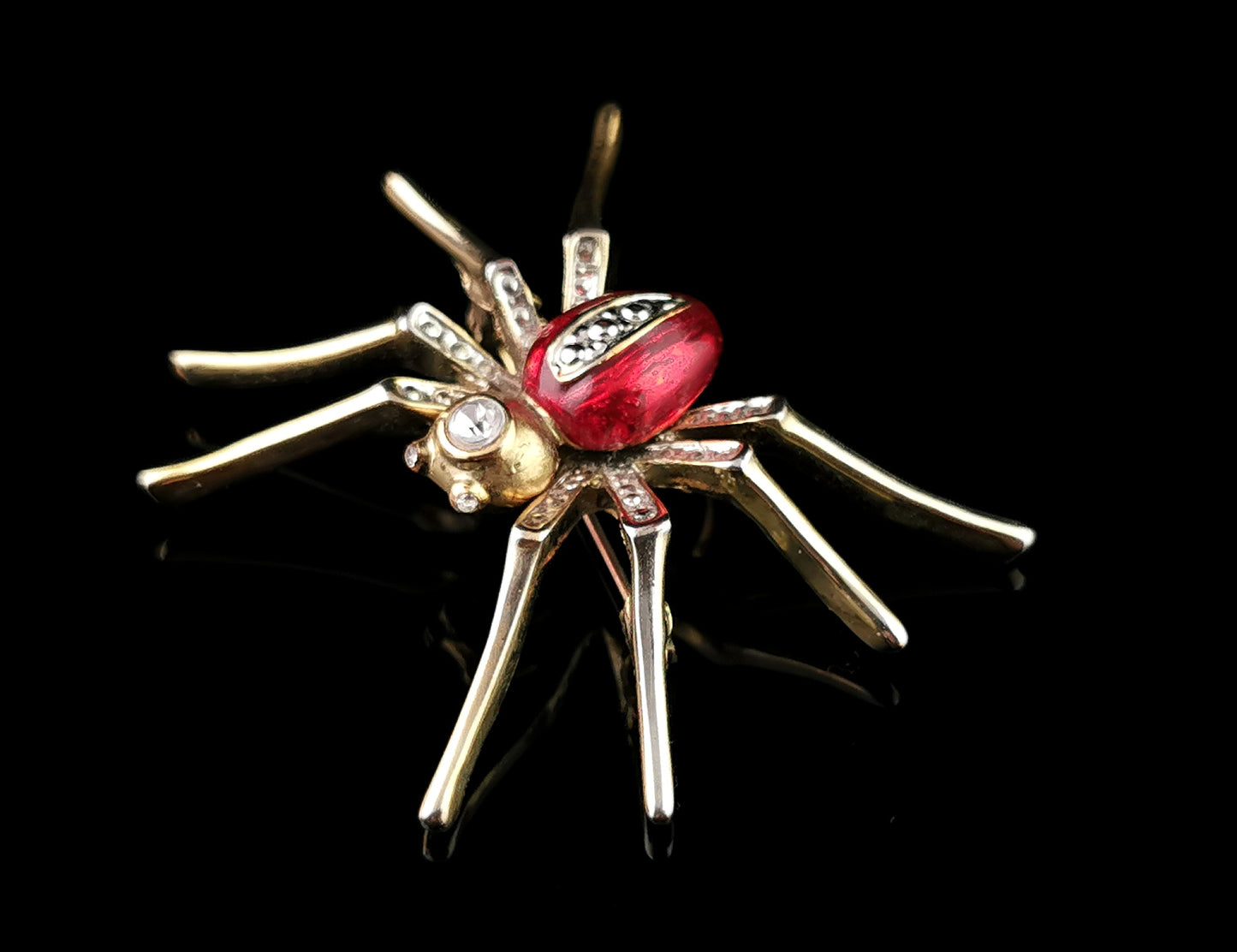 Vintage red enamel spider brooch, gold tone, Diamante
