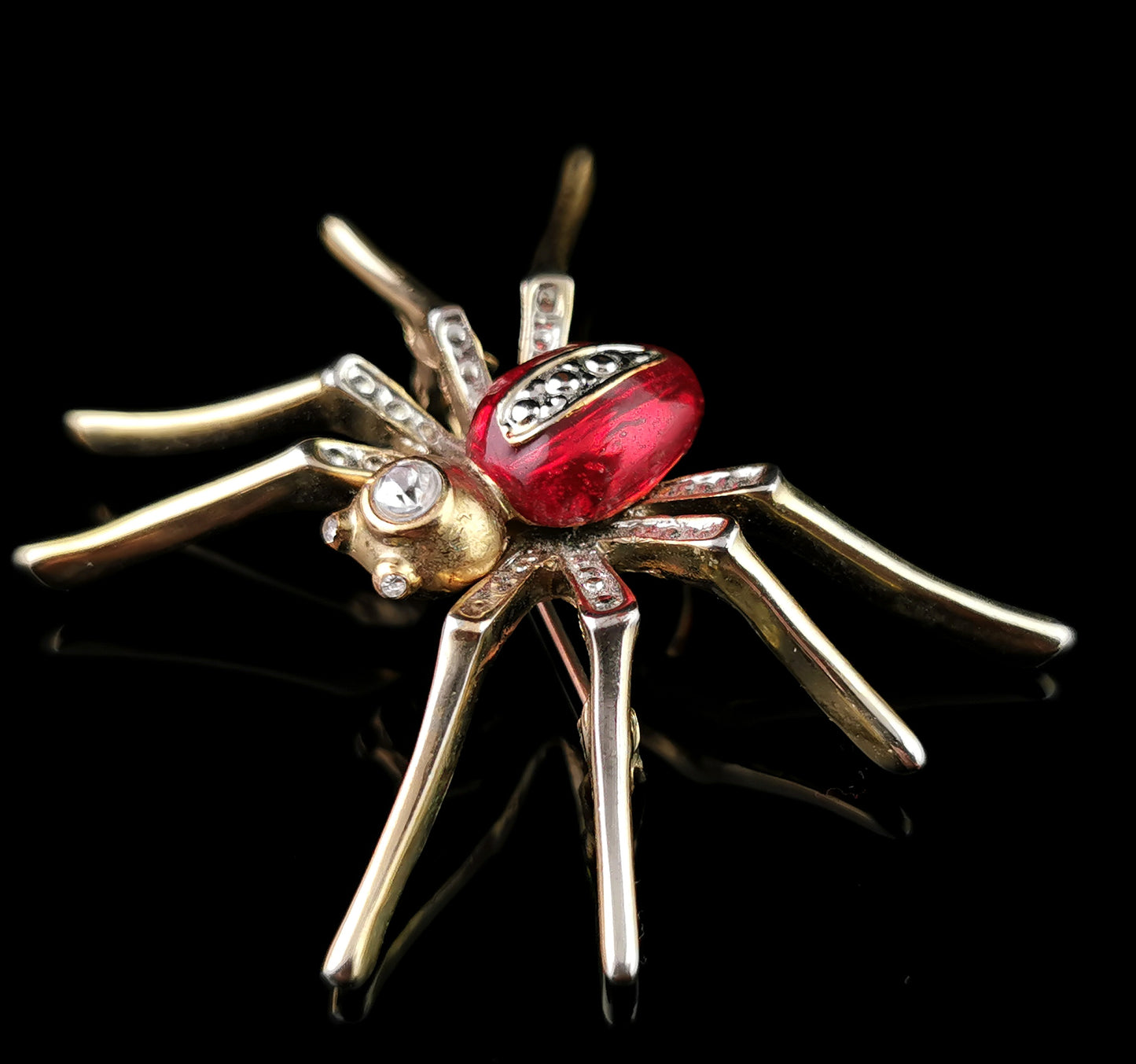 Vintage red enamel spider brooch, gold tone, Diamante