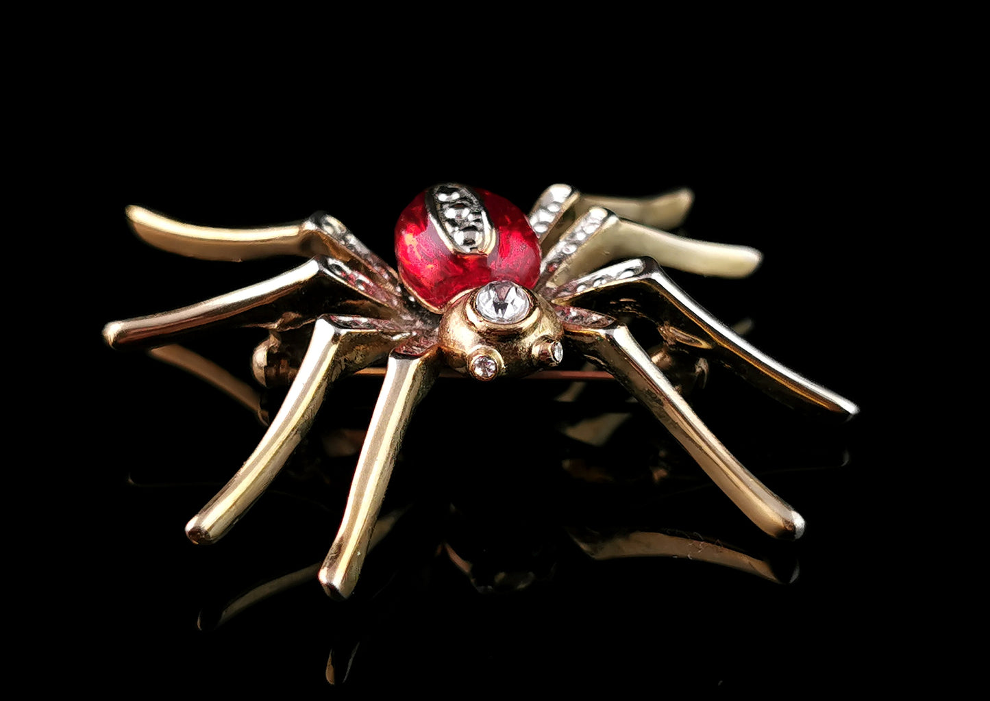 Vintage red enamel spider brooch, gold tone, Diamante