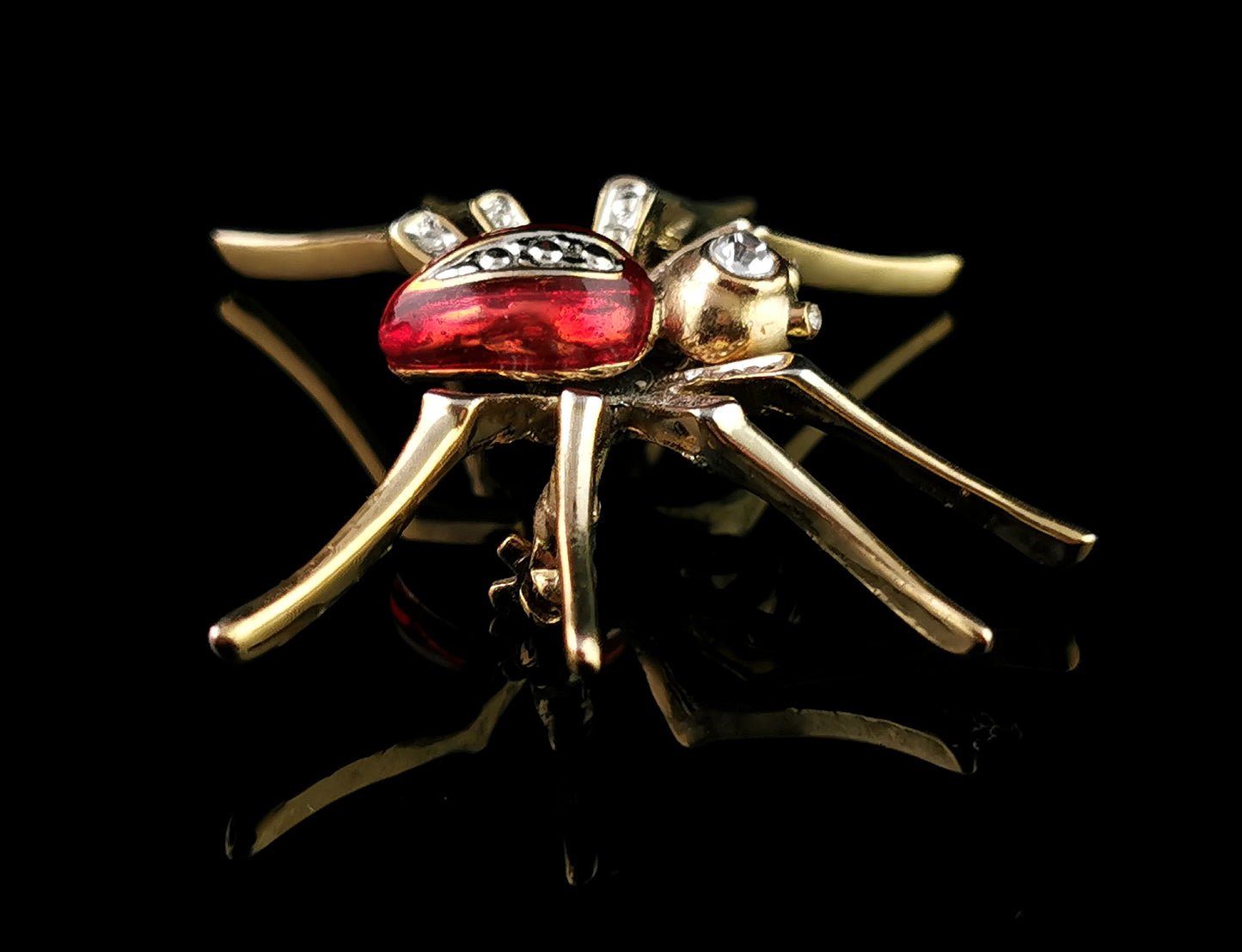 Vintage red enamel spider brooch, gold tone, Diamante