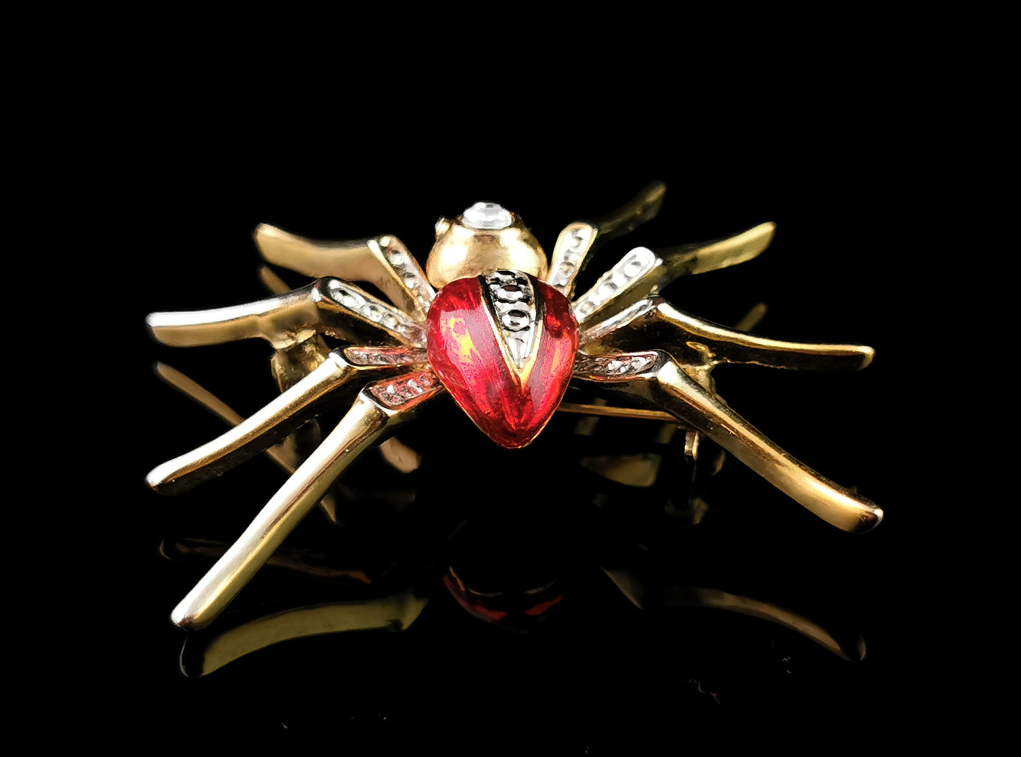 Vintage red enamel spider brooch, gold tone, Diamante