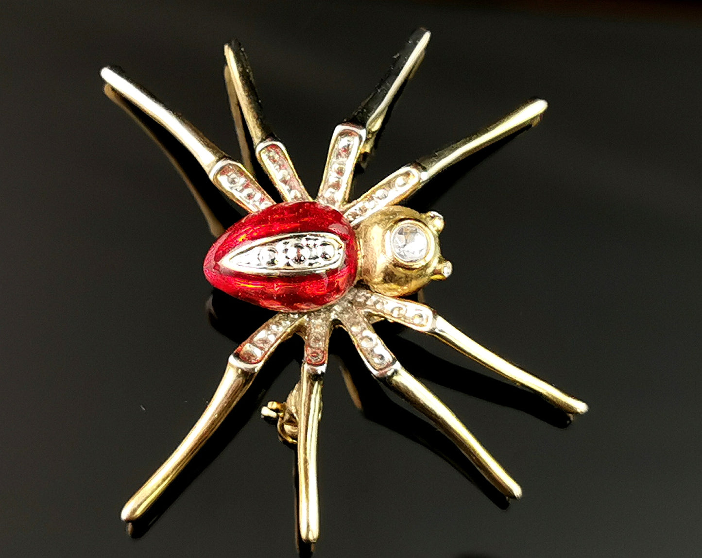 Vintage red enamel spider brooch, gold tone, Diamante