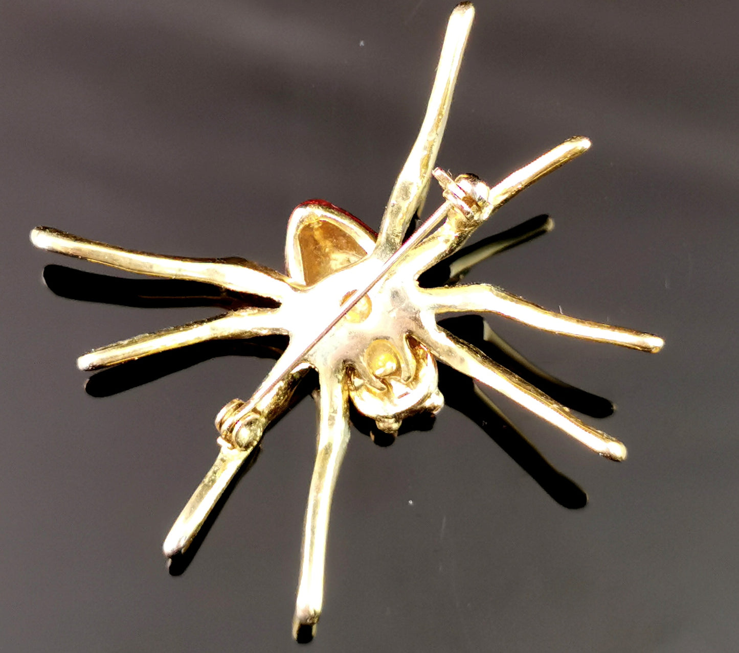 Vintage red enamel spider brooch, gold tone, Diamante
