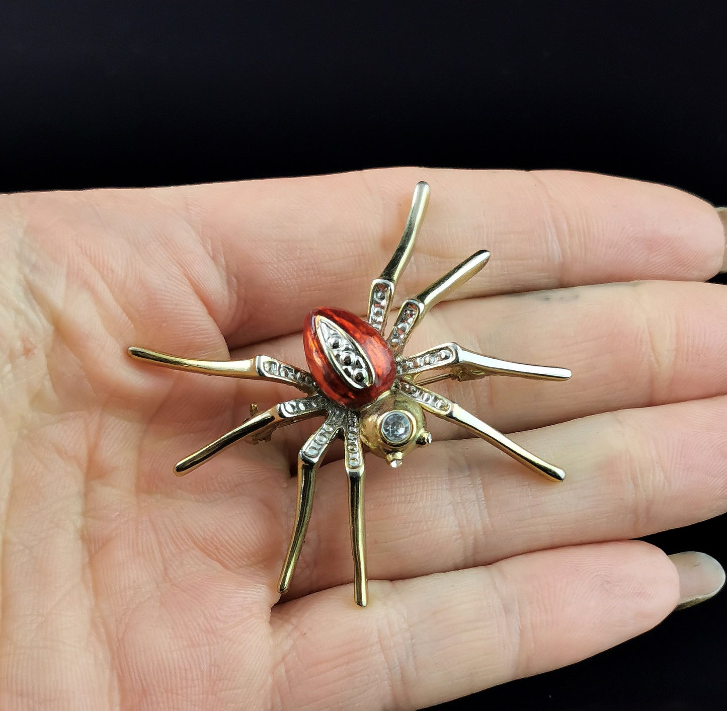 Vintage red enamel spider brooch, gold tone, Diamante