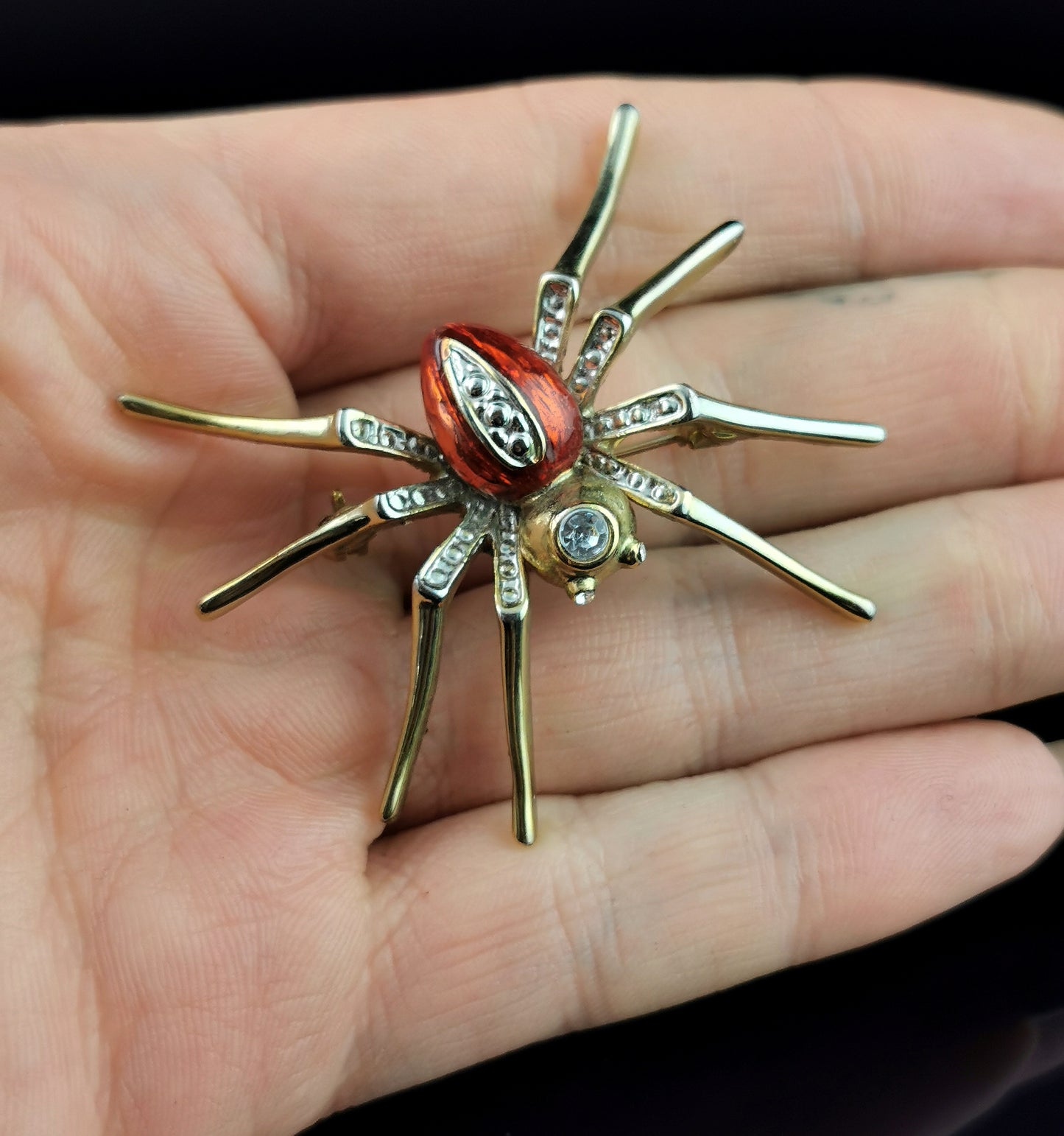 Vintage red enamel spider brooch, gold tone, Diamante