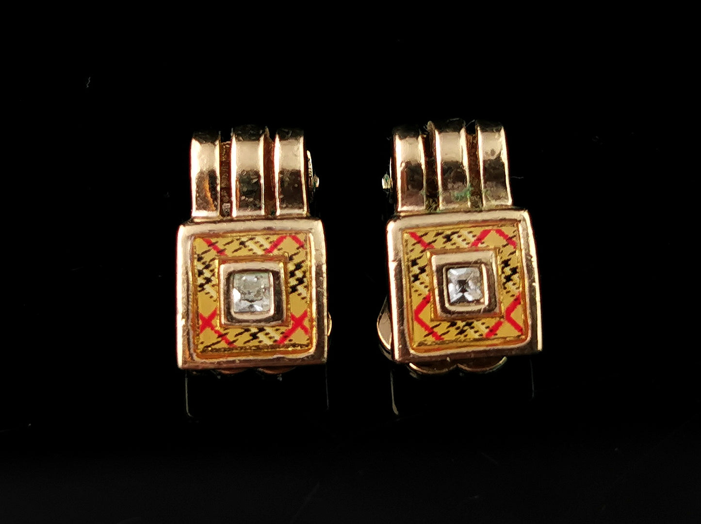 Vintage Burberry check clip on earrings, Gold tone