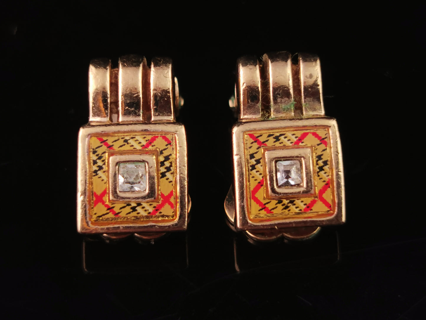Vintage Burberry check clip on earrings, Gold tone