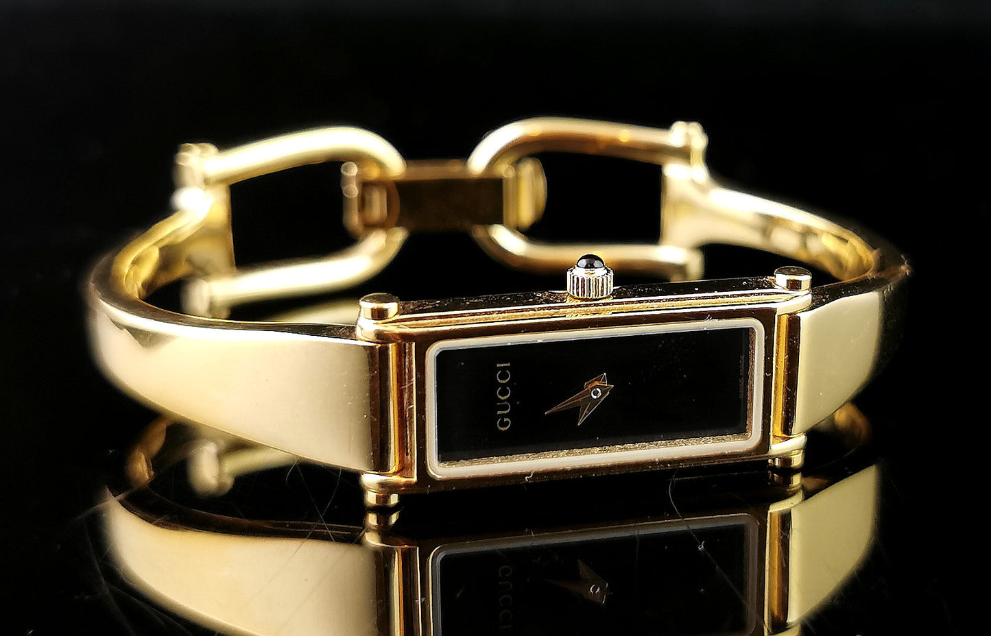 Vintage Gucci 1500l gold plated ladies wristwatch, Horsebit bangle strap