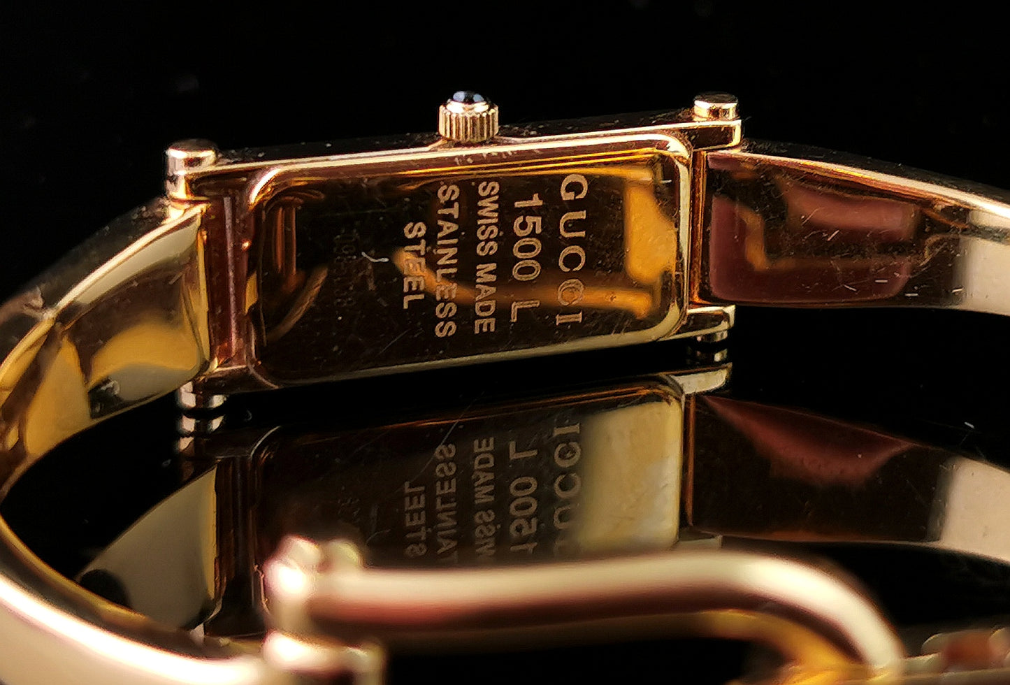 Vintage Gucci 1500l gold plated ladies wristwatch, Horsebit bangle strap