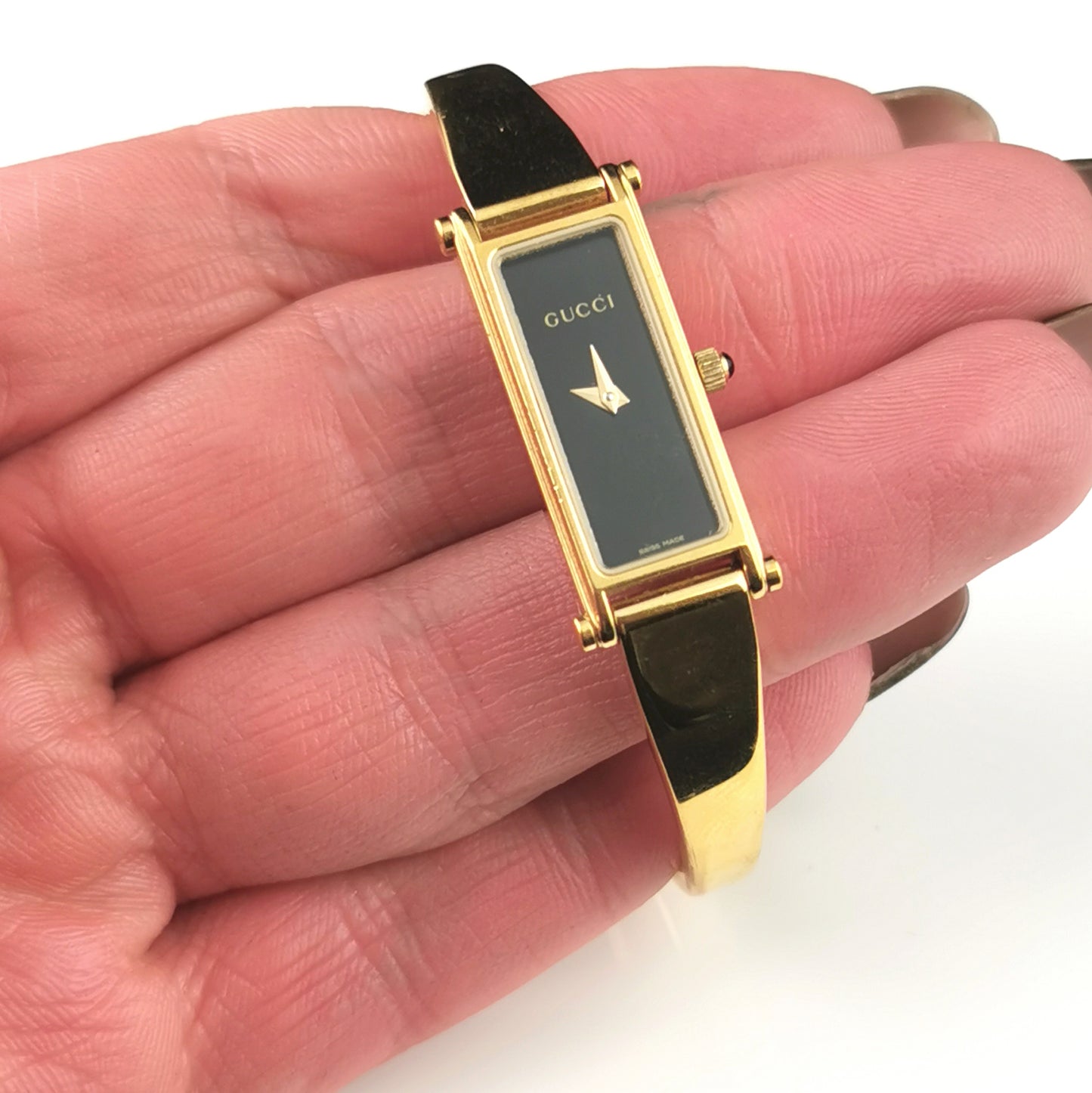 Vintage Gucci 1500l gold plated ladies wristwatch, Horsebit bangle strap