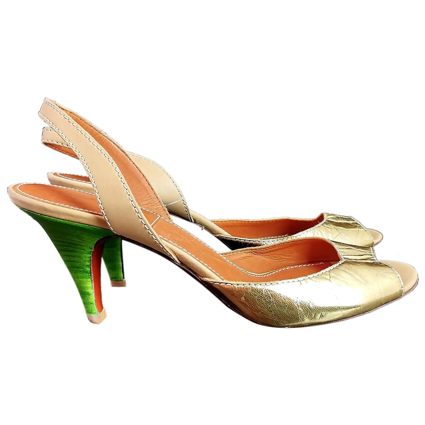 Lanvin ete 2010 crinkled gold leather shoes, green heeled slingback sandals