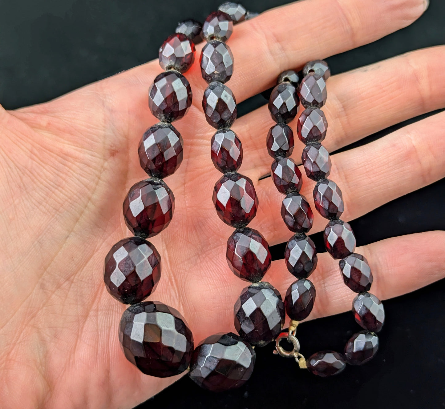 Vintage Cherry red Bakelite beaded necklace, Art Deco, Silver clasp