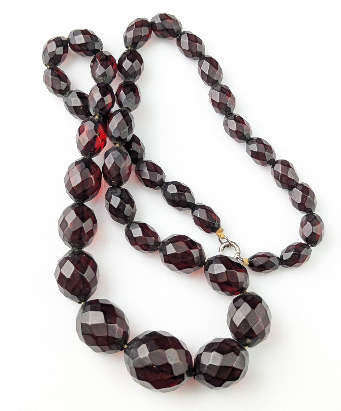 Vintage Cherry red Bakelite beaded necklace, Art Deco, Silver clasp