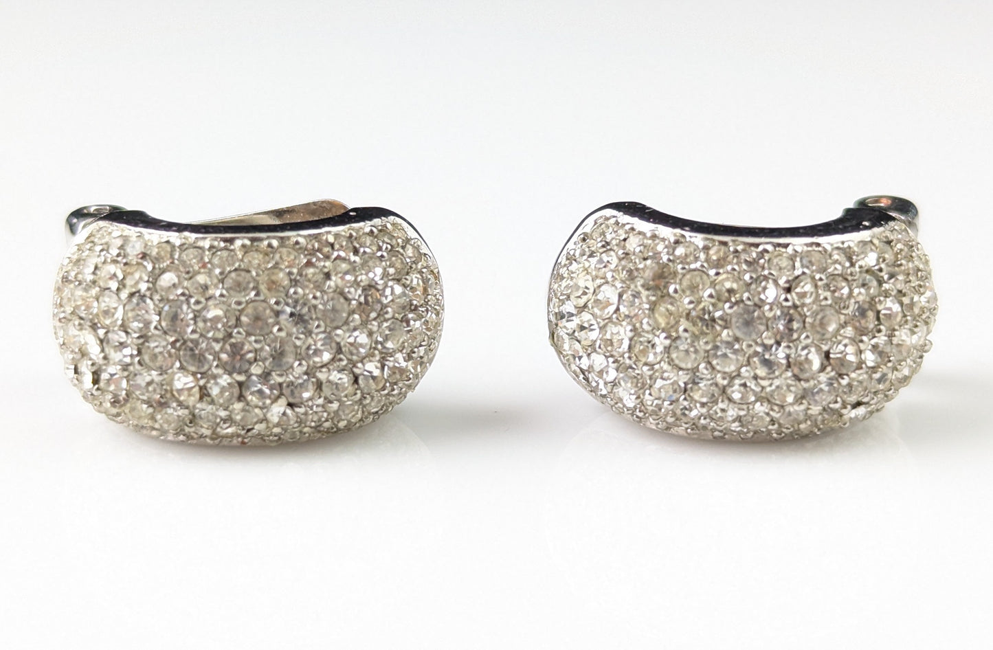 Vintage Christian Dior clip on earrings, Diamanté half hoops, silver tone