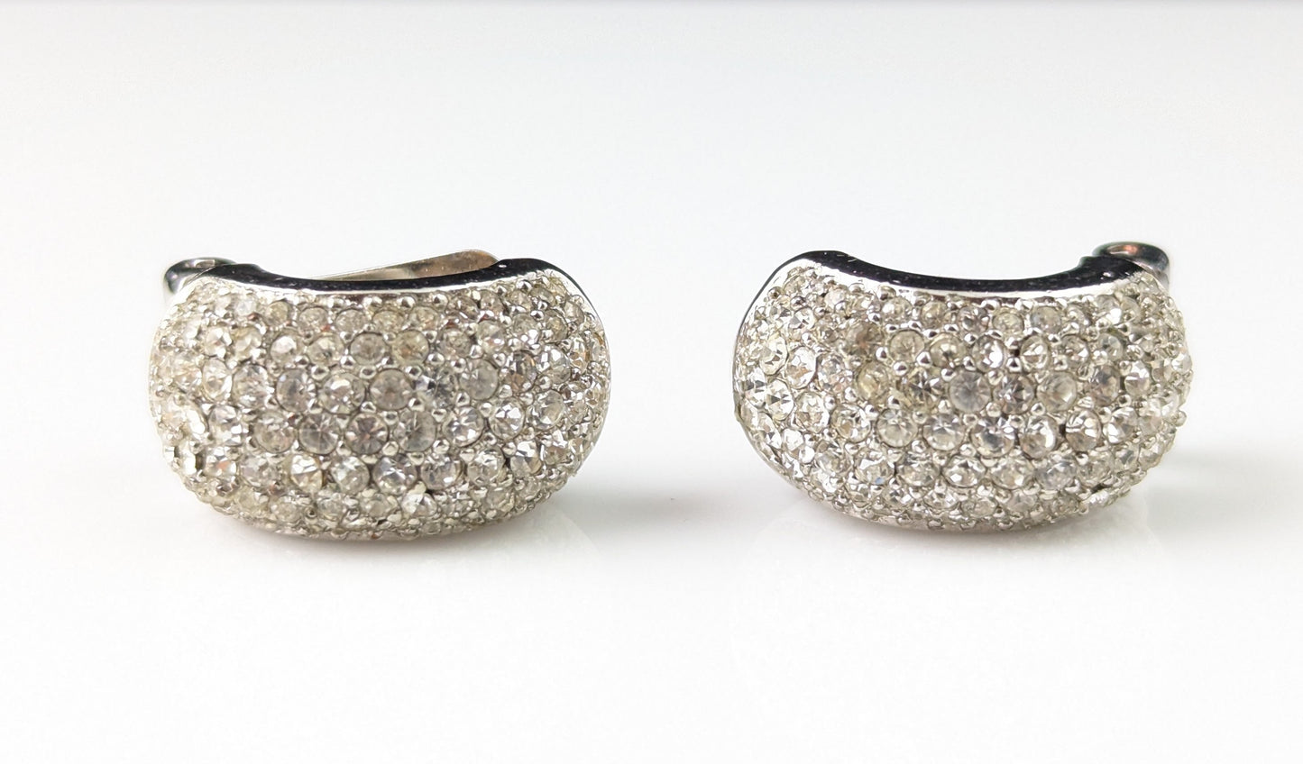 Vintage Christian Dior clip on earrings, Diamanté half hoops, silver tone