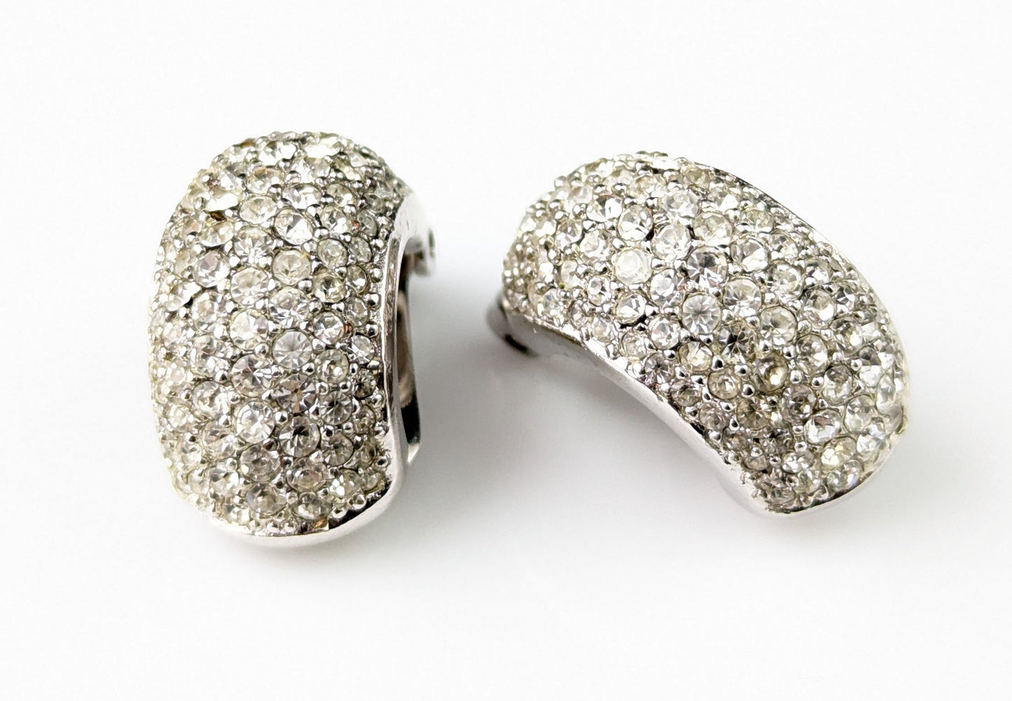 Vintage Christian Dior clip on earrings, Diamanté half hoops, silver tone