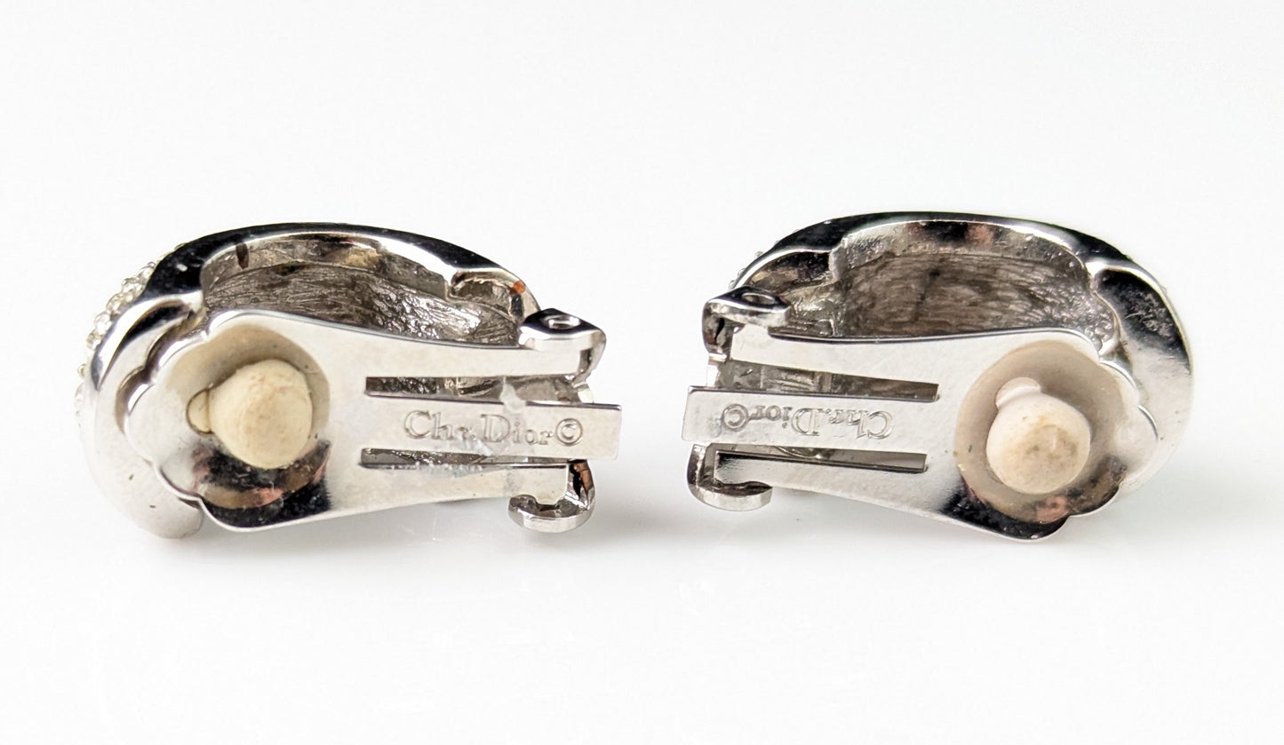 Vintage Christian Dior clip on earrings, Diamanté half hoops, silver tone