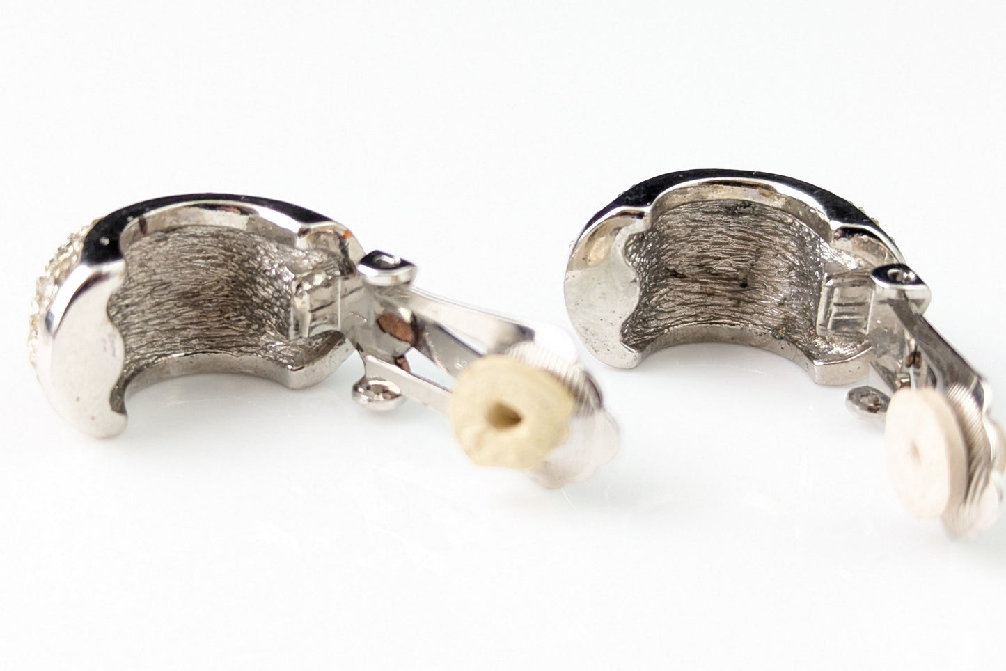 Vintage Christian Dior clip on earrings, Diamanté half hoops, silver tone