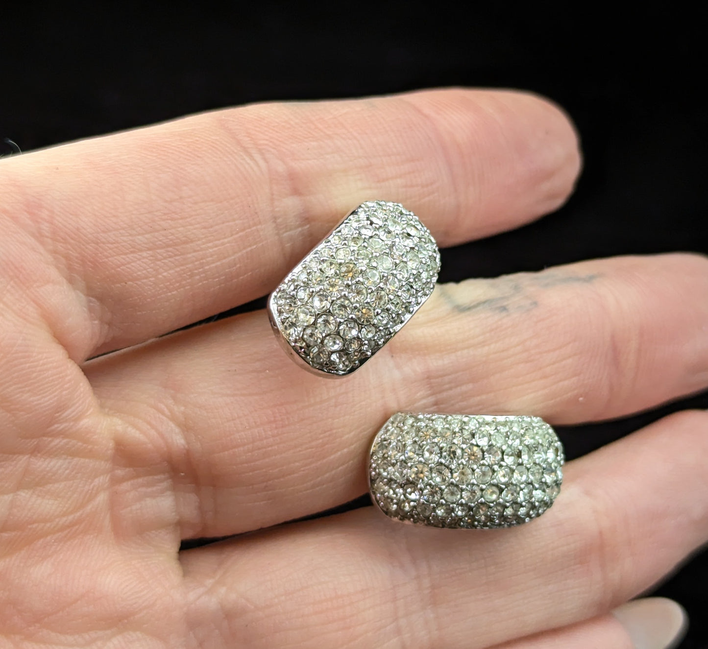 Vintage Christian Dior clip on earrings, Diamanté half hoops, silver tone