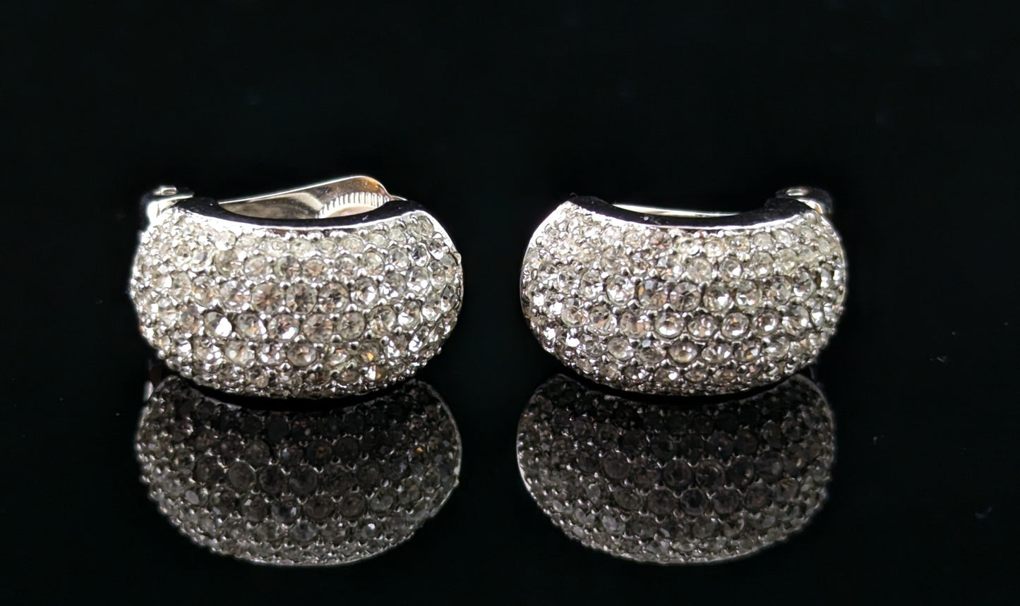Vintage Christian Dior clip on earrings, Diamanté half hoops, silver tone